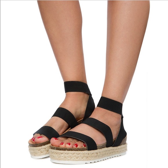 Black Espadrilles Platform Two Strap Sandals Twine - Picture 2 of 8